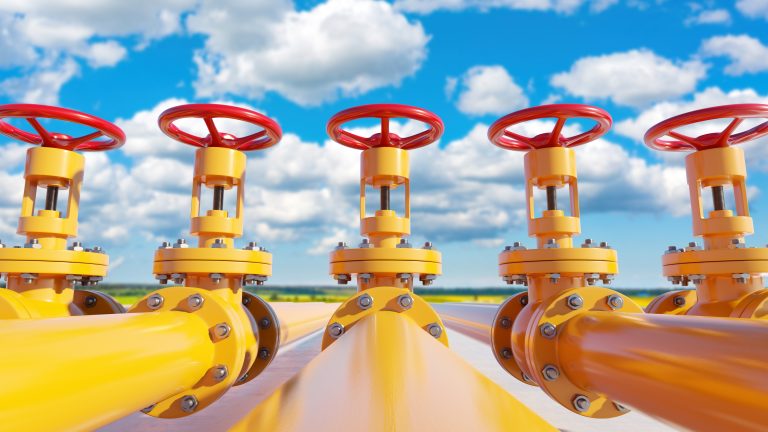 Gas,Pipes.,Multichannel,Pipeline.,Oil,Pipes,Under,Blue,Skies.,Pipeline